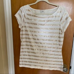 LOFT Cream and Gold Sequin T-shirt Size Large